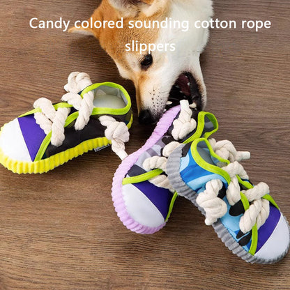 Squeaky Dog Toys | Candy-Striped Cotton Rope Slippers canrusupet