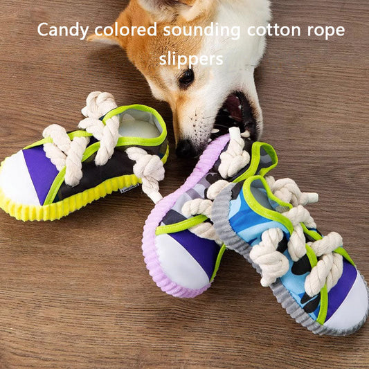 Squeaky Dog Toys | Candy-Striped Cotton Rope Slippers canrusupet