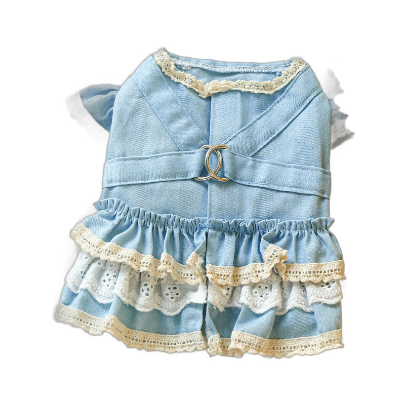 Dog Or Cat Clothes Denim Skirt With Flying Sleeves And Lace - canrusupet