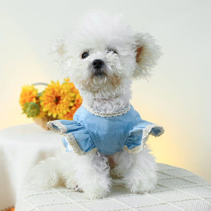 Dog Or Cat Clothes Denim Skirt With Flying Sleeves And Lace - canrusupet