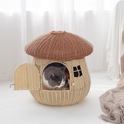 Multi-purpose Pet Nest Rattan Nest Mushroom House Cat Cage - canrusupet