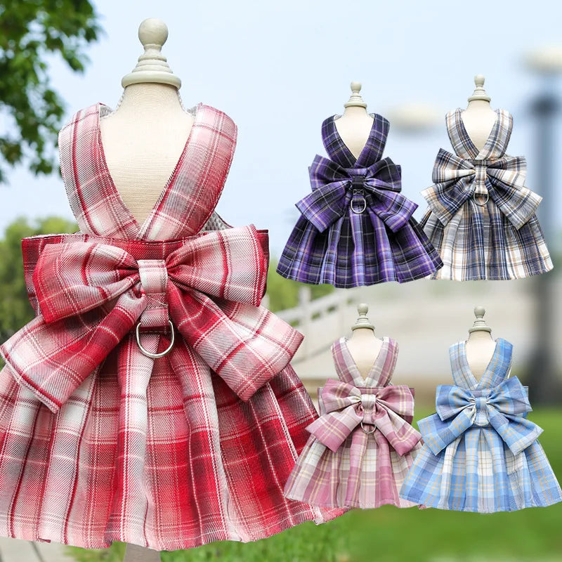 Pet JK Dress Harnesses Plaid Skirt Puppy Girl Dog Clothes For Small Medium Dogs - canrusupet