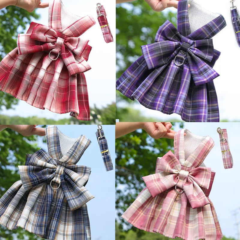 Pet JK Dress Harnesses Plaid Skirt Puppy Girl Dog Clothes For Small Medium Dogs - canrusupet