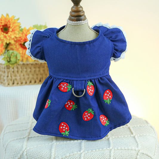 Dog Or Cat Clothes Strawberry Denim Dress - canrusupet