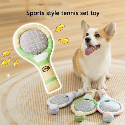 Squeaky Dog Chew Toys - Tennis Ball & Racket Set For Puppies canrusupet