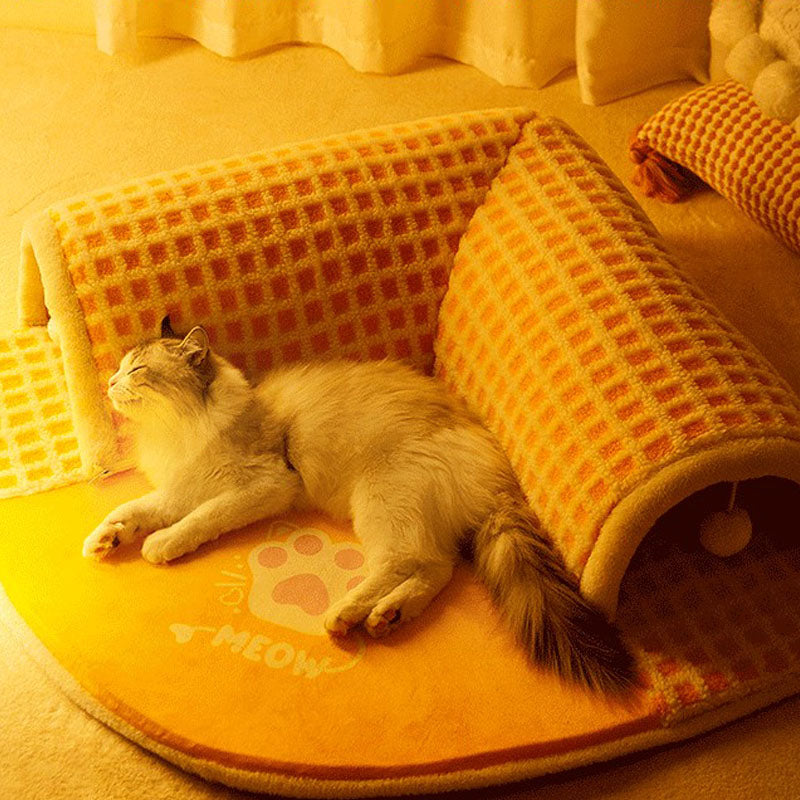 Cat Paw Pattern Sector Tunnel Style Thickening Cat Bed canrusupet
